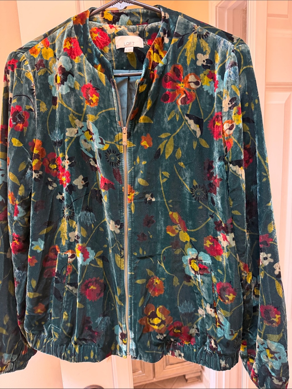 LOFT Teal Floral Velvet Zip-Up Jacket